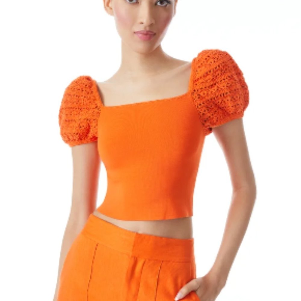 NWT Alice & Olivia CALEY CROCHET PUFF SLEEVE TOP Size Medium